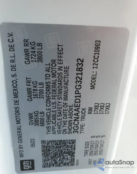 2023 Chevrolet Silverado C1500 z USA, uszkodzony, nr VIN 3GCNAAED1PG321832